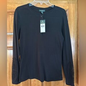 Lauren Jeans Company Black Long-Sleeve Henley with Lace Detail on each Sleeve